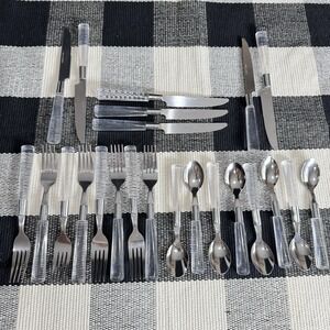 23pc Clear Acrylic Handle Flatware Silverware Replacements Retro Forks & Spoons